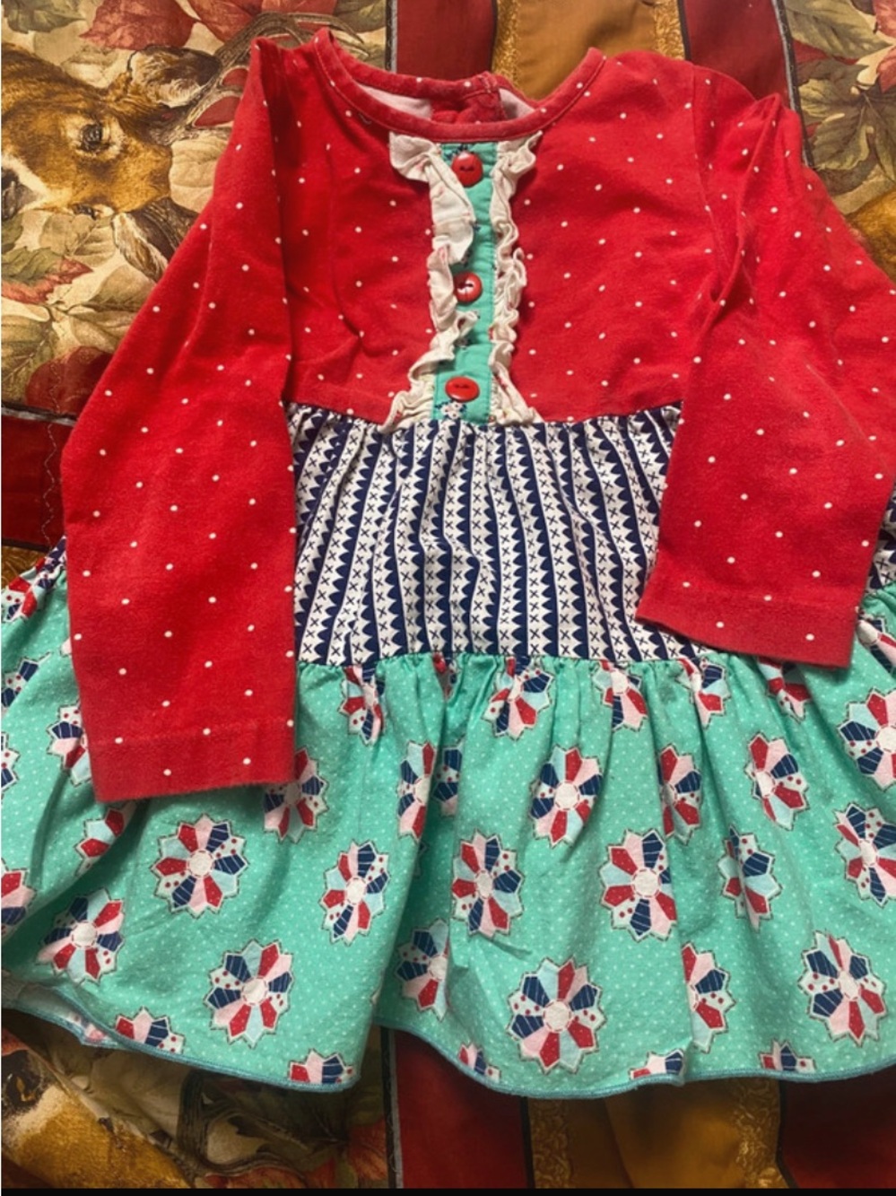 Girls Red and Teal Layered Floral Holiday Dress